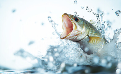 Dynamic close-up of a fish leaping out of water with splashes, capturing motion and energy.