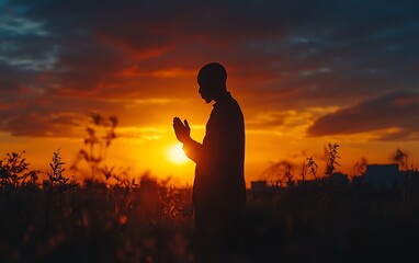 Powerful silhouette of a man praying with clasped hands against a radiant sunset, symbolizing the authority of the kingdom of God