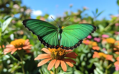 Vibrant green butterfly landing on a colorful flower, captured in a sunny garden setting, perfect for nature lovers and enthusiasts