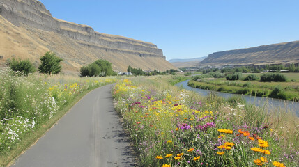 Obraz premium A paved bike path winds through a valley with a river and wildflowers.