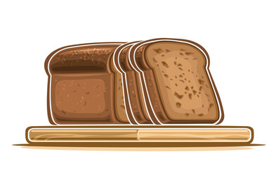 Vector illustration of Rye Bread, horizontal poster with cartoon design rye sliced loaf, decorative placard with half and pieces brown bread on wooden cutting board on white background