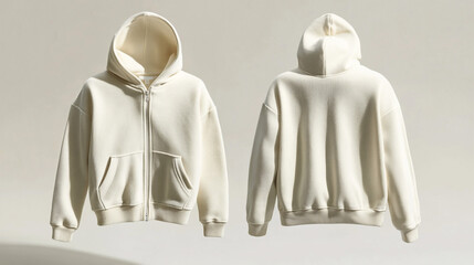 Obraz premium Cream Zip Up Hoodie Mockup Front and Back View Casual Wear Fashion Apparel
