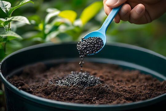 Cropped shot view of gardener holding a tablespoon of organic fertilizer in hand before applying to plants.