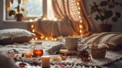 Cozy fall setup with tea, knitted sweaters, and garland in a room.