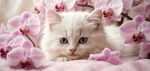 Kitten in Pink Orchids