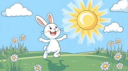 Fototapeta premium A Happy White Rabbit Enjoys a Sunny Day in a Field of Daisies. Coloring book illustration.