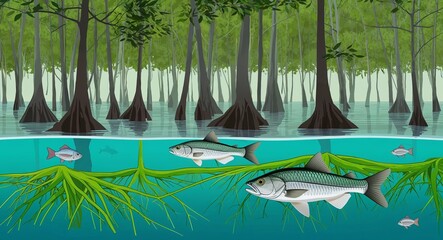 Mangrove forest illustration with shallow waters green roots fish swimming