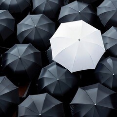 A black and white umbrella stands out among black and white figures, symbolizing individuality and talent in business. Highlighting the best candidate for success, it captures the essence of uniquenes