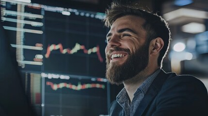 Happy crypto advisor analyzing market data, radiating confidence and satisfaction