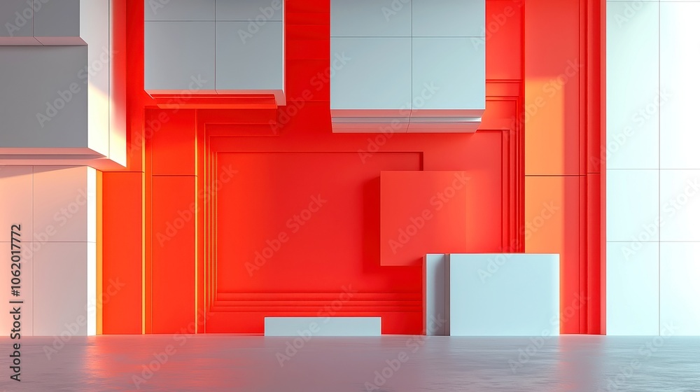 Poster abstract 3d render of rectangular shapes, simple geometric forms in a dynamic sequence, emphasizing 