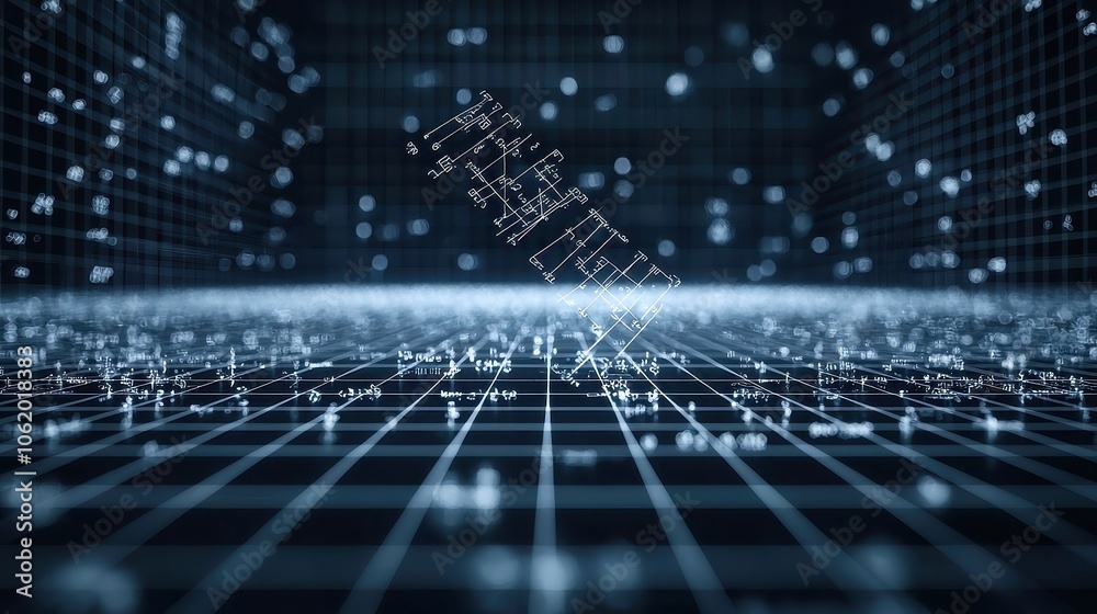 Poster dynamic animation of mathematical formulas in motion on a grid against a black backdrop, showcasing 