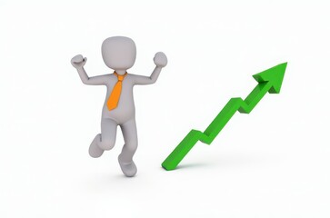 3d man red arrow success chart on white background.