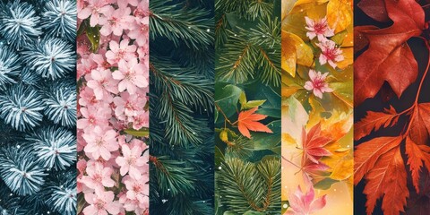 Seasonal collage of nature’s textures, from winter frost to autumn leaves, showcasing the diverse beauty of each season