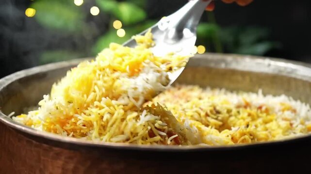 Taking Mutton Biryani with spoon and serving