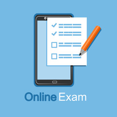 Online exam. Illustration of answer choices, questionnaire form, exam preparation, online test, checklist on cellphone screen.