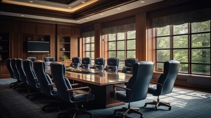 Show a business leader in a dramatic boardroom meeting, with a large conference table, intense...