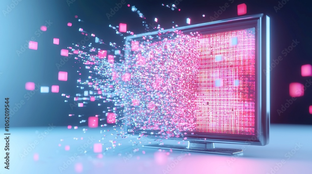 Poster Digital TV Glitch Display, a chaotic screen filled with misplaced squares and static effects, showcasing a broadcast failure with interruptions and a sense of disarray.