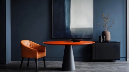 A dark blue wall with an abstract painting, a round orange table and chair in front of it, a dark wood floor, a minimalist style