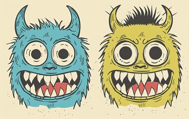Fototapeta premium Two cartoon monsters with big eyes and big smiles full of teeth. Imitation of a painted picture. Illustration for banner, poster, cover, brochure or presentation.