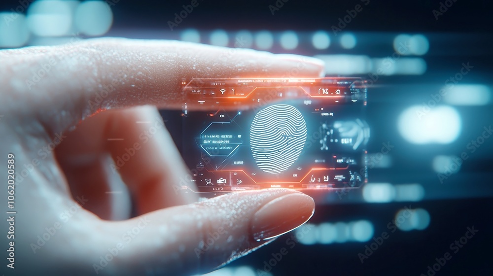 Poster futuristic interface interaction, woman’s hand engaging with a fingerprint hud, digital ui elements 