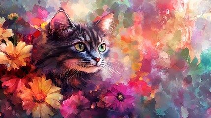 Unique watercolor cat illustration amid blooming abstract flowers