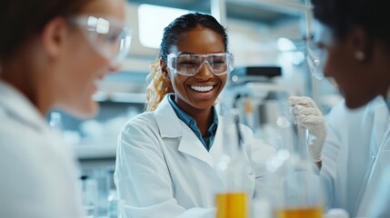 Happy food scientists collaborating on new product development, sharing ideas and excitement