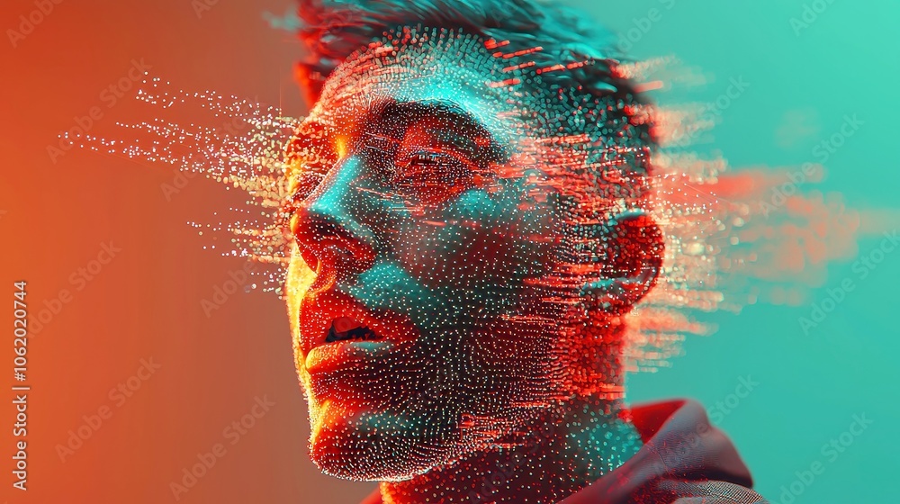 Poster digital human hologram, a three-dimensional figure formed from points and polygons, emerges from a s