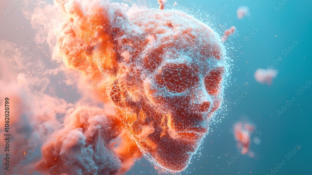 Poster digital human hologram composed of points and polygons, surrounded by a cloud of binary code and int