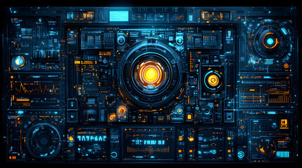 Obraz premium Futuristic digital interface with glowing orange and blue elements, complex data and controls.
