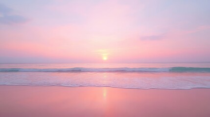 A beautiful beach scene with a pink and orange sunset. The sky is filled with clouds, and the water is calm. The beach is empty, and the only people visible are the waves. The scene is serene