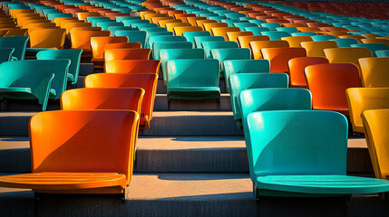 Fototapeta premium Colorful Stadium Seats in Rows Blue Orange Yellow Perspective Sport Event