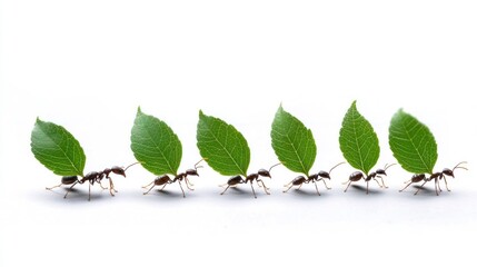 Ants Carrying Green Leaves in a Line