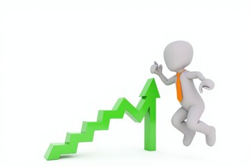 3d man red arrow success chart on white background.