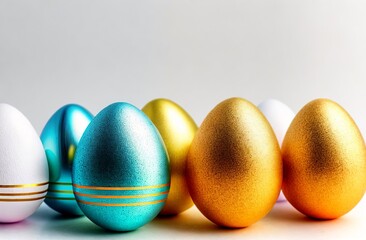 Easter card with Easter Eggs Painted in Different bright Colors. Poster for the spring holiday. Blurred white background. Rays of sunlight. Traditional christian celebration.