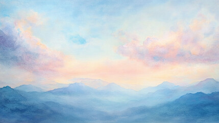 Obraz premium Pastel Sunset Over Misty Mountains Watercolor Landscape Painting