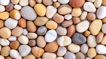 Petoskey Stone Pebbles on Serene Beach, smooth stones glistening under sunlight, a tranquil coastal scene inviting exploration and reflection, endless horizon meeting gentle waves