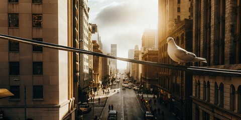 Pigeon Perched Over City Street with Sunset Glow