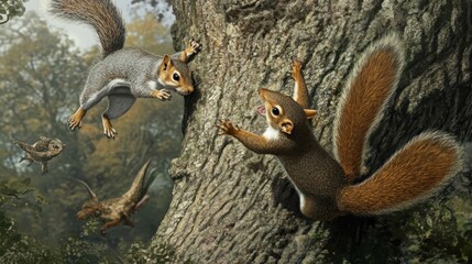 Fototapeta premium Two Squirrels Confronting Each Other on a Tree Trunk