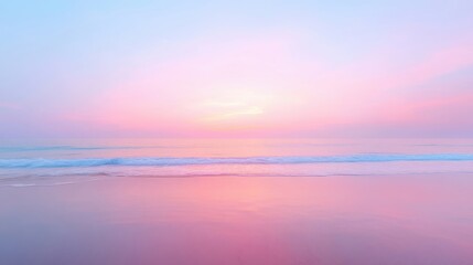 Fototapeta premium A beautiful beach with a pink and purple sky. The sky is filled with clouds and the sun is setting. The water is calm and the beach is empty