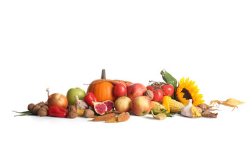 Different fresh vegetables with fruits and walnuts on white background. Harvest festival