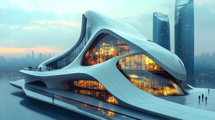 Futuristic Architecture Building with Glass Facade 3D Illustration