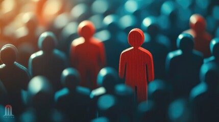 Distinctive Red Wooden Figure Symbolizing Human Resources in a Crowd, Focused Front View