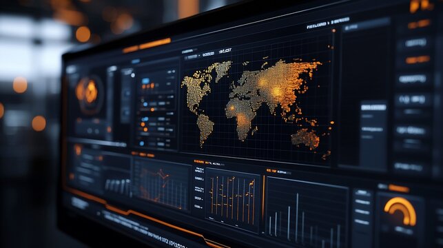 A close-up shot of a computer monitor displaying a digital map of the world with data visualizations and graphs.