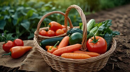 Basket vegetables and garden copy space with healthy organic farm raw diet and freshness, tomato carrot with cucumber field and pepper paprika.
