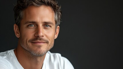 Fototapeta premium closeup portrait of caucasian softly smiling man is 35 years old wearing white T-shirt on grey background