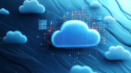 Cloud computing technology concept. Blue cloud icon futuristic hologram on digital web background. Abstract blue glowing light digits, motion of digital data flow wallpaper.