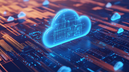 Cloud computing technology concept. Blue glowing cloud icon hologram on abstract digital informational web technology futuristic background. 