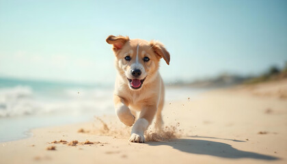 Puppy Running Playfully on a Beach - dog in sand beach