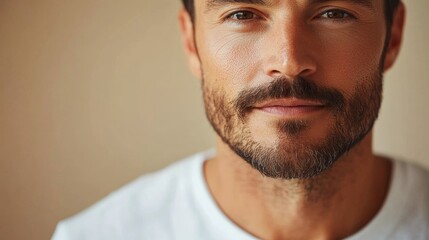 Obraz premium closeup portrait of caucasian softly smiling man is 35 years old with beard wearing white T-shirt on beige color background