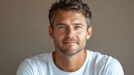 Obraz premium portrait of adult caucasian softly smiling man is 40 years old wearing white T-shirt on beige color background, closeup